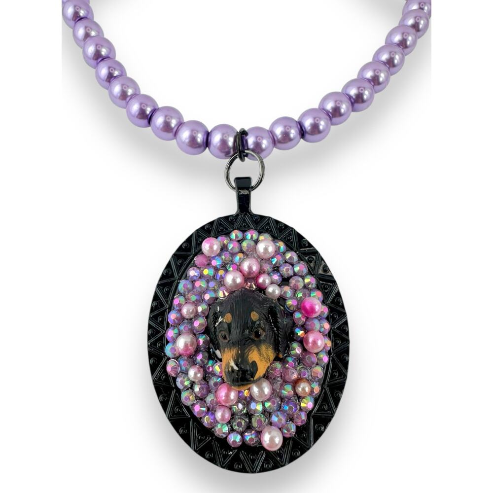 Lavender the Lovely Rottweiler Faux Purple Pink Pearl Rhinestones Necklace 18”